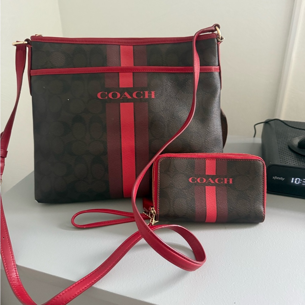 Coach Brown and Red Crossbody Bag Set